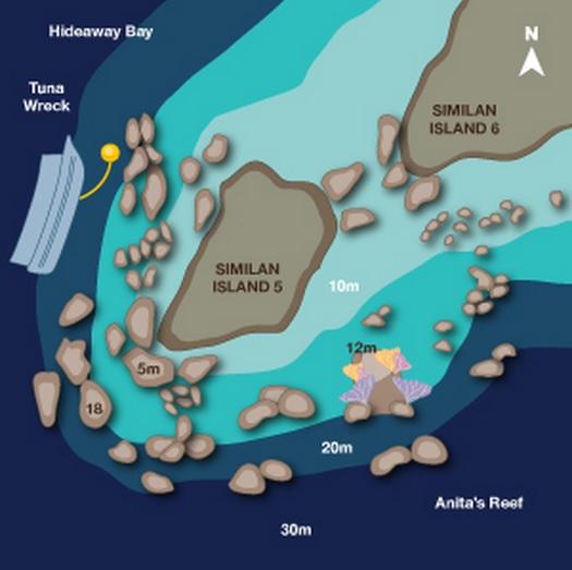 Site Map of Hideaway Bay - Similans Dive Site, Thailand