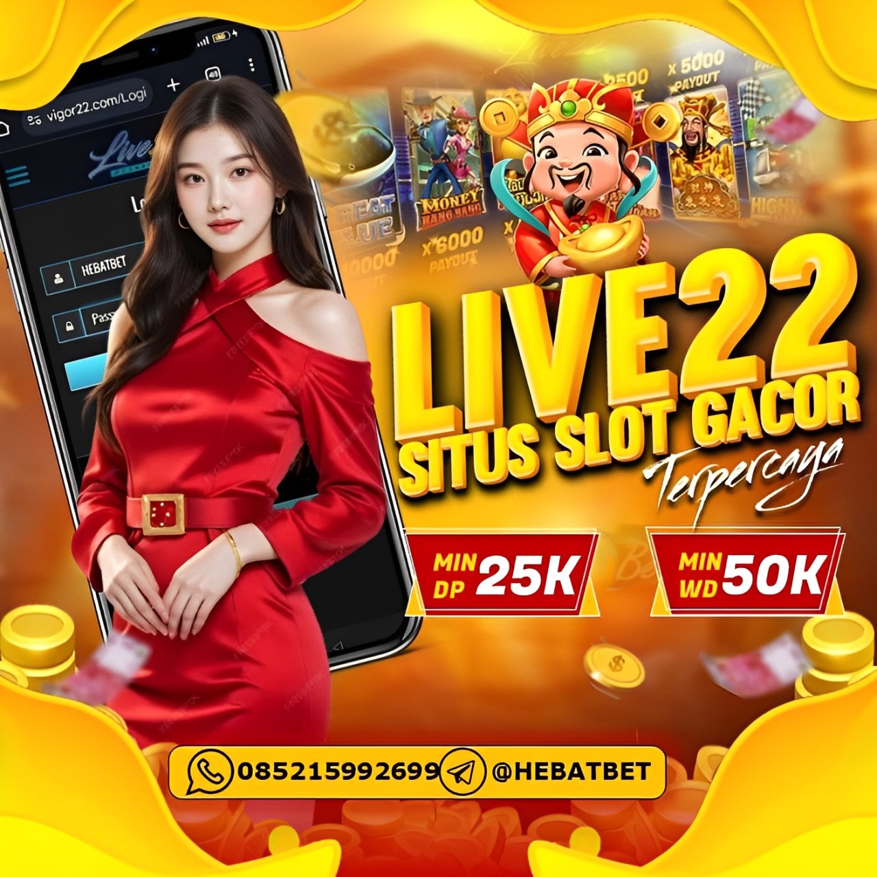 Hebatbet adalah agen slot online live22 terlengkap dan terpercaya di indonesia dengan minimal deposit Rp.25.000 anda sudah bisa mainkan slot online live22, Buruan daftar sekarang hubungi Via WhatsApp 0852-1599-2699