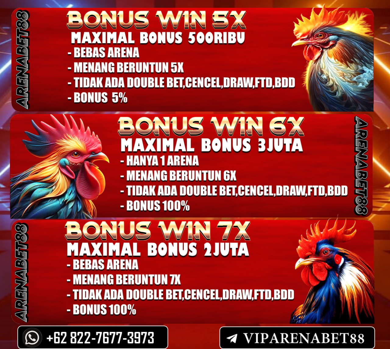 ARENEBET88 agen sabung ayam yang menyediakan win 5X,6X dan 7X dengan bonus maximal 500RB sampai 3JT.anda hanya cukup memilih ayam jagoan anda dan pastikan ayam yang anda pilih menang dan dapatkan hadiah 2X lipat dengan bonus winnya,jadi tunggu apa lagi buruan join dan claim bonusnya sekarang juga.

untuk info lebih lanjut hubungi kontak resmi kami :
WHATSAPP 1 : +62 822-7677-3973
TELEGRAM    : VIPARENABET88

#arenabet88 #viparenabet88 #agensabungayam #judisabungayam #winstrikesabungayam #winstrike6kali #winstrike7kalibebasarena #daftarsabungayamonline #situssabungayamonline #bonusterbesarsabungayam #tajenayam #sabungayambali #sabungayamtoraja #agenclub388 #agensv38