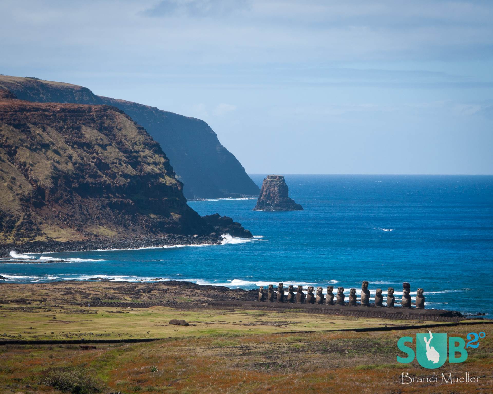 The fifteen moai of Ahu Tongoriki have been restored on the coastline of Easter Island.
