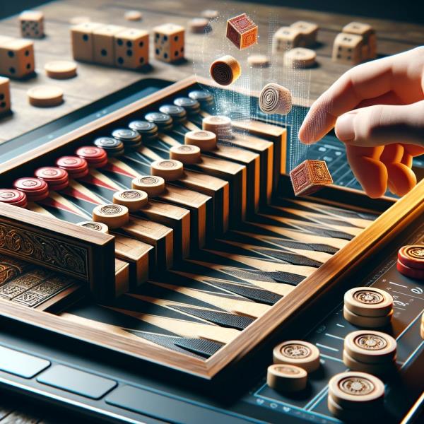 DALL·E 2024-02-07 19.40.29 - Create a realistic image showing the transformation of a traditional board game, like Backgammon, into its digital version. Visualize the physical gam