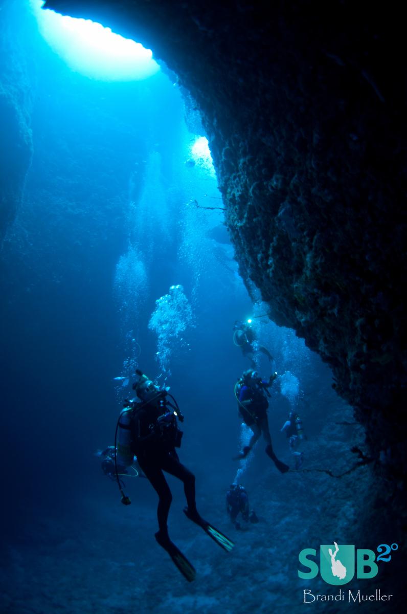 Diver's search for nudibranchs and disco clams inside Blue Holes at the start of a dive.