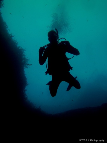 A scuba diver descends to a depth of 45 feet while hovering outside the cavern entrance at Vortex Spring.