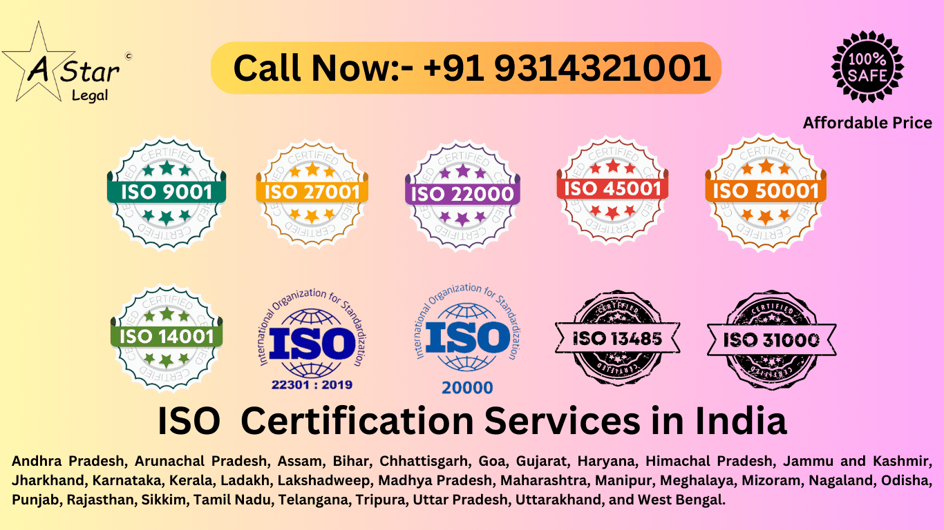 ISO instituted standards for the quality, ability, and safety of the services and products of the organization. Jaipur is the largest capital known for its quickly developing industries including Hospitality Construction, manufacturing, tourism, Education and Training, and IT services. In such trades having an ISO Certification in Jaipur is crucial for organizations that want to boost quality, Increase market competitiveness, and improve efficiency. For this, A Star Legal ISO Certification Services in Jaipur.

If you need Iso Certification jaiour, Contact Us Now:- 9314321001
