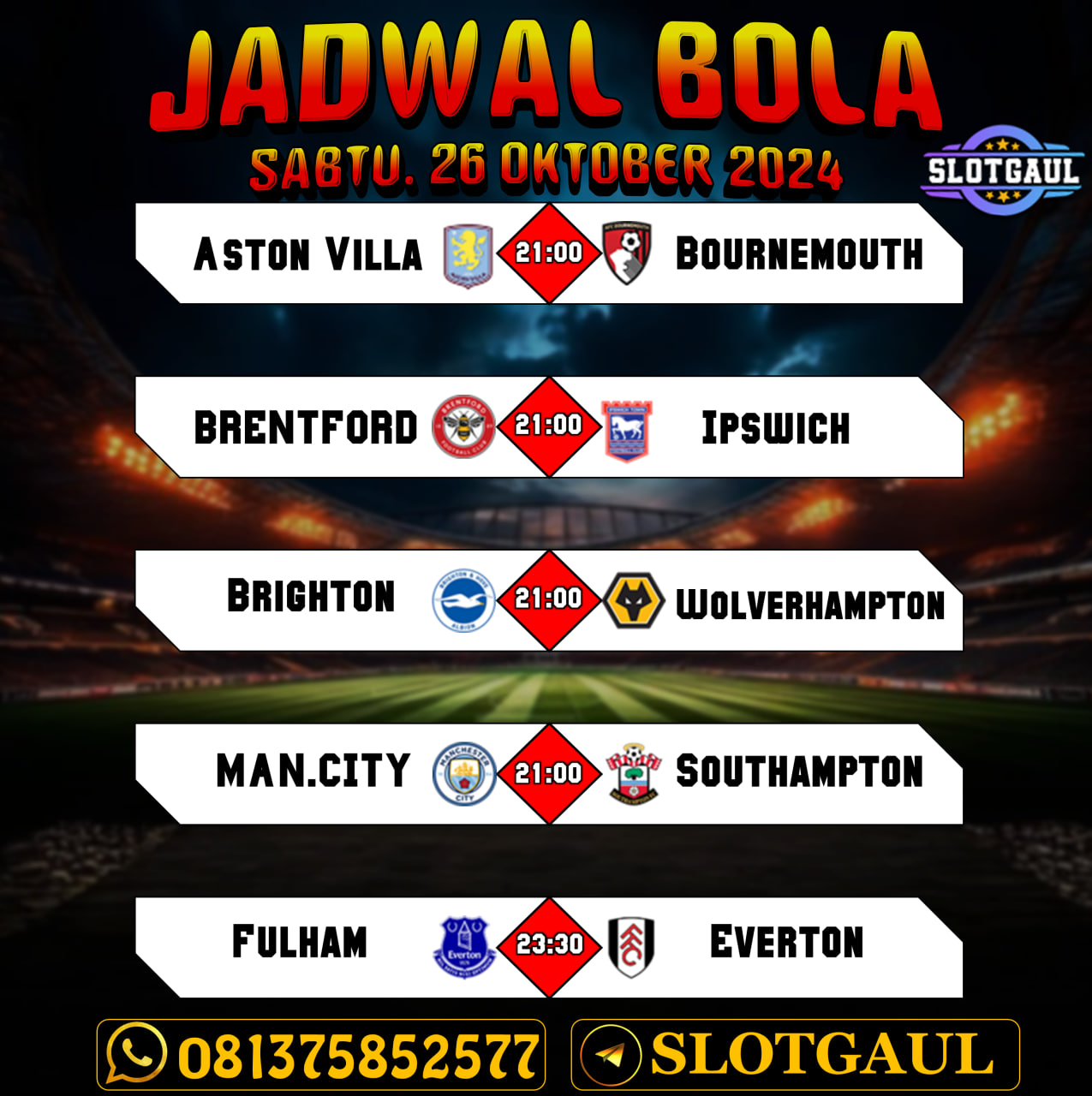 JADWAL BOLA TERUPDATE PREMIER LEAGUE BURUAN PASANG TARUHAN BERSAMA AGEN SLOTGAUL AMAN DAN TERPERCAYA #slotgame #lagaayam #agentogel #togelonline #agenterpercaya #daftarcasino #livecasino #judiayam #ayamtarungmedan #bolamania #angkajitu #betting #bolabetting #agenbola #nomorjitu #gameslot #gameonline #jawdalbola #ligaspain #TaruhanBolaLive #bolaviral #ligainggris #ligachampions KALO KAMU MAU CARI CUAN HANYA DI SLOTGAUL SOLUSINYA!!!