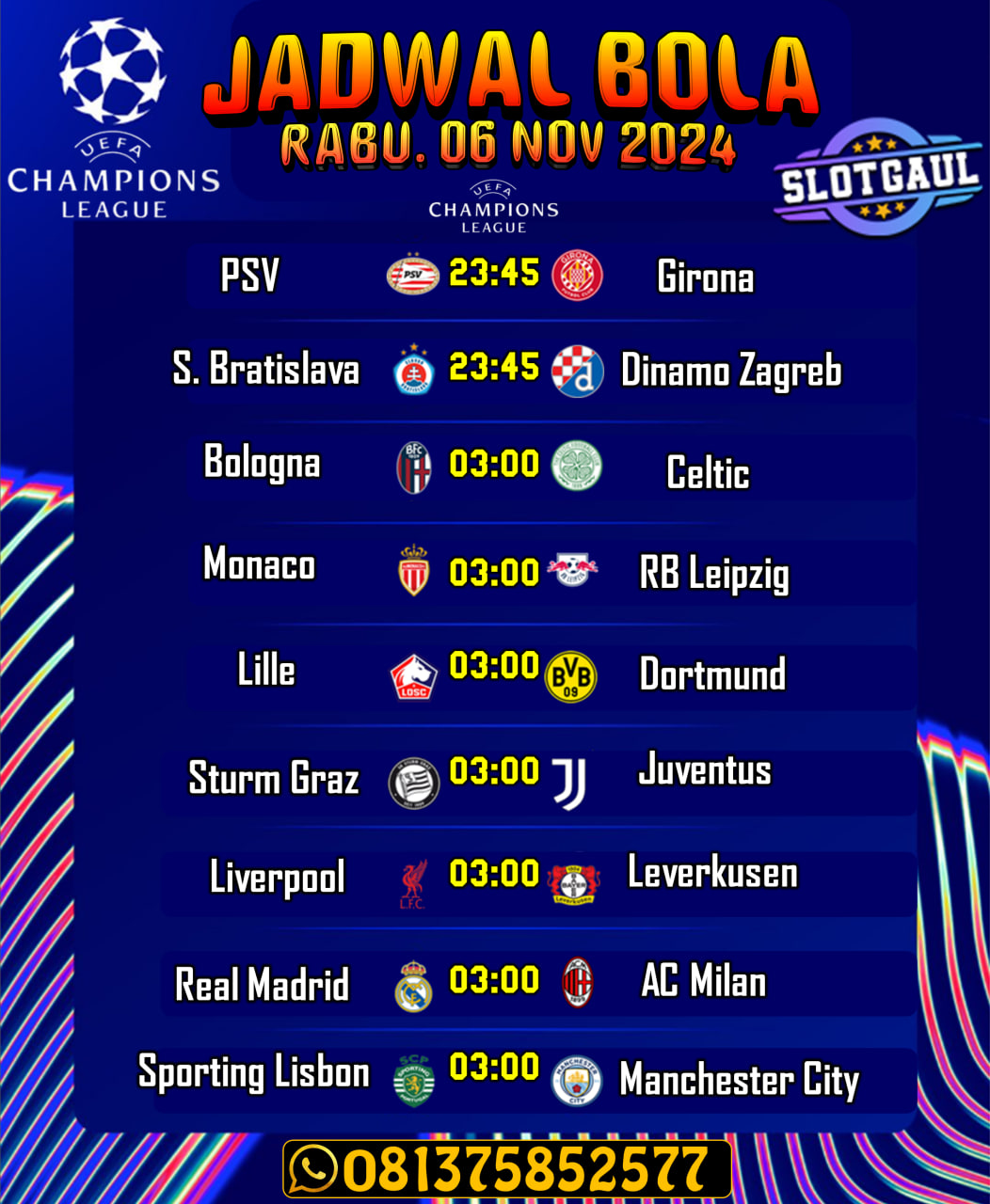 JADWAL BOLA TERUPDATE LIGA CHAMPIONS LEAGUE  BURUAN PASANG TARUHAN BERSAMA AGEN SLOTGAUL AMAN DAN TERPERCAYA #slotgame #lagaayam #agentogel #togelonline #agenterpercaya #daftarcasino #livecasino #judiayam #ayamtarungmedan #bolamania #angkajitu #betting #bolabetting #agenbola #nomorjitu #gameslot #gameonline #jawdalbola #ligaspain #TaruhanBolaLive #bolaviral #ligainggris #ligachampions KALO KAMU MAU CARI CUAN HANYA DI SLOTGAUL SOLUSINYA!!!