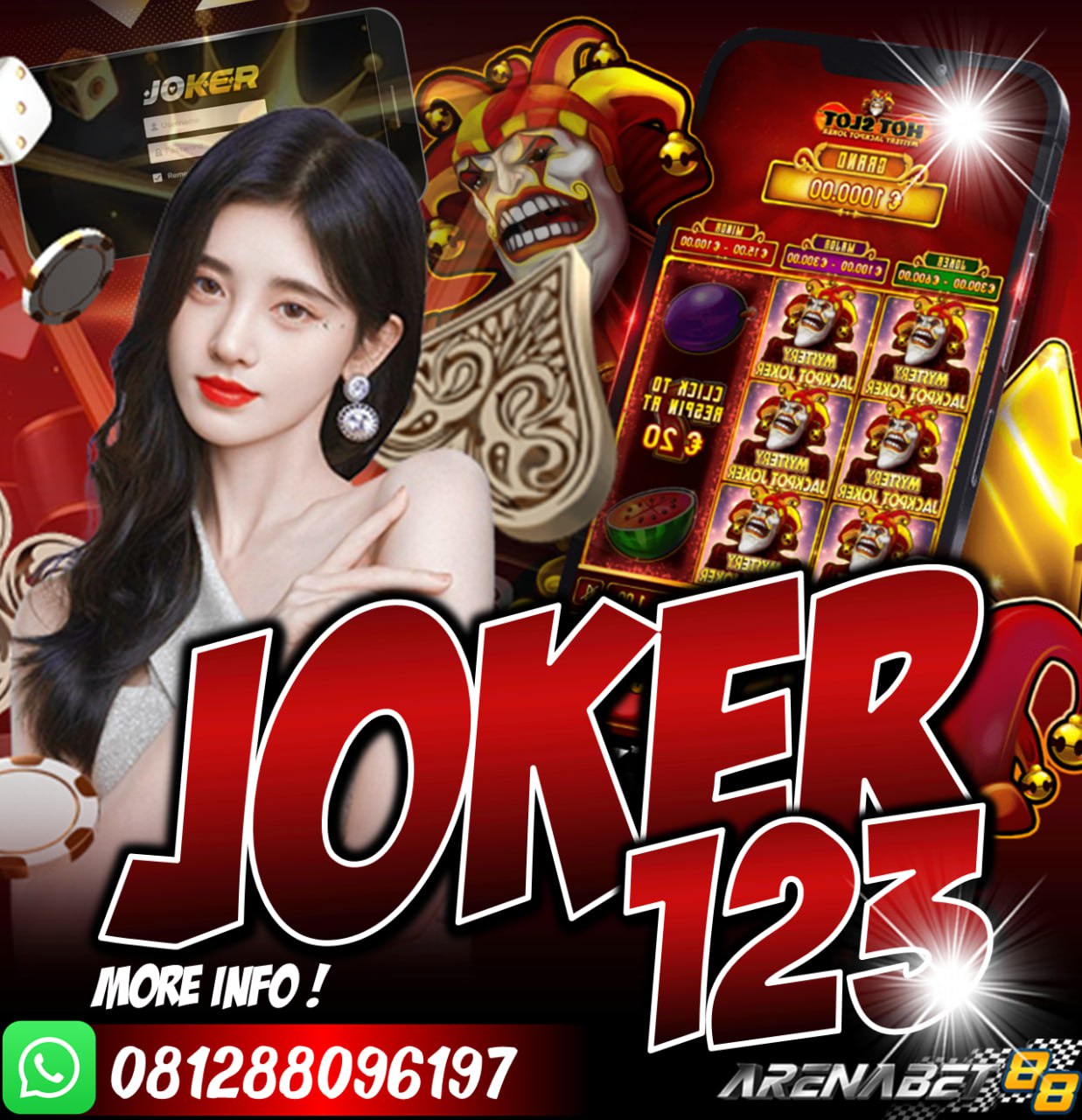 Joker123 adalah situs slot uang asli yang sering kali dimainkan para member dimana saja dan kapan saja. Saat ini permainan slot online tidak hanya jadi permainan yang menghibur tetapi juga jadi salah satu game penting memberikan banyak keuntungan untuk para member yang ada di Indonesia. Kini anda bisa menghasilkan uang dengan mudah hanya memainkan sebuah game slot saja. Jelas dengan memainkan game joker123 ini anda bisa mendapatkan banyak keuntungan ya. Joker123 memang dikhususkan untuk anda yang ingin merasakan permainan casino online seperti salah satunya menggunakan slot online yang juga jadi salah satu game yang banyak dinantikan para member.
ayo segera daftarkan diri anda dan rasakan bermain di slot joker123.

Hubungi kontak resmi agen VIP arenabet88 dibawah:
Whatsapp : 0812-8809-6197
TELEGRAM : @viparenabet88
Kepuasan anda menjadi prioritas utama kami sepenuh nya.
#arenabet88 #viparenabet88 #daftarslotjoker123 #agenjoker123 #daftarjoker123 #tembakikanjoker123 #situstembakikan #menangberapapundibayar