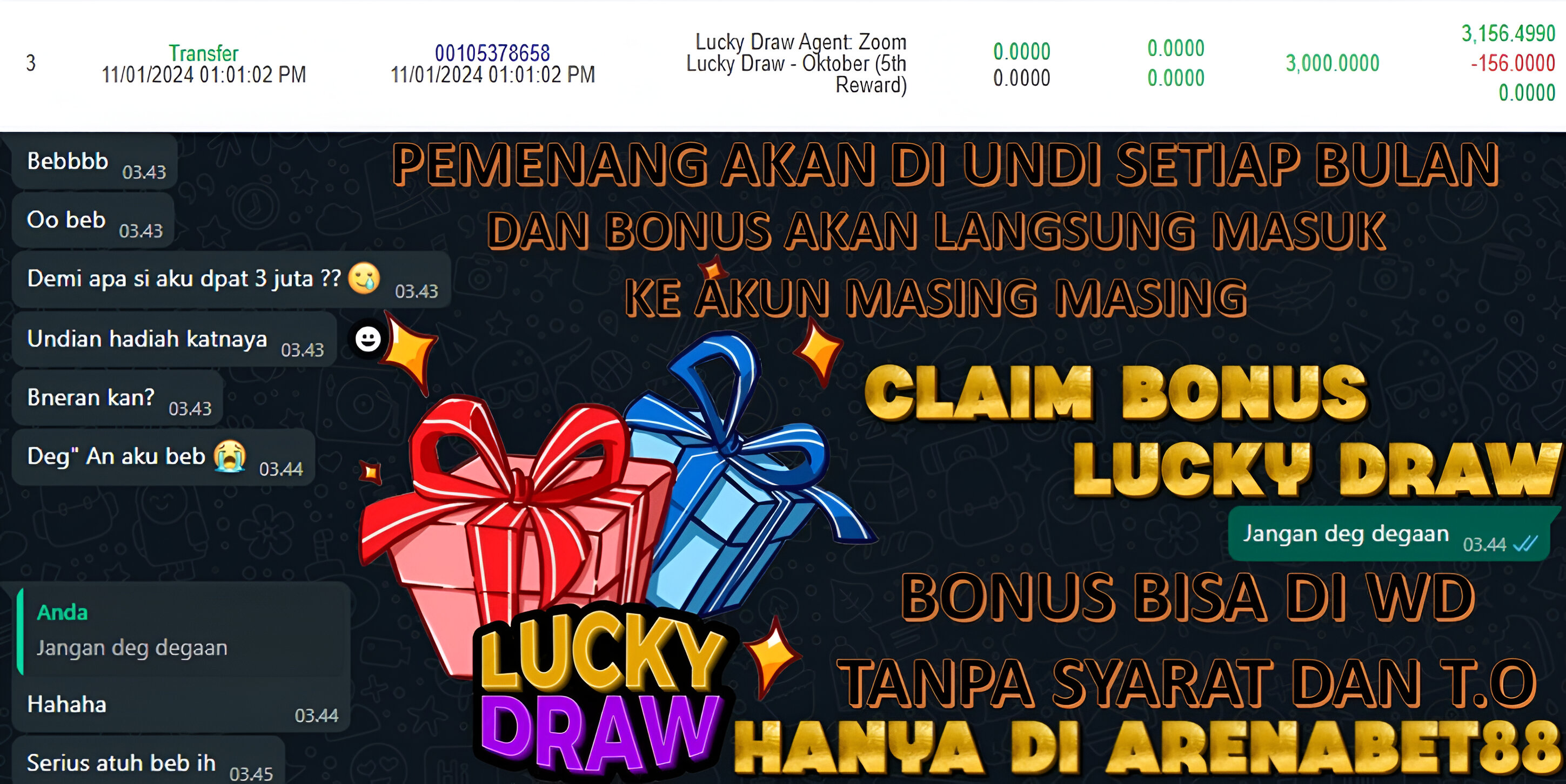 ARENABET88 menyediakan bonus lucky draw yang bisa di ambil setiap member tanpa syarat,,hanya dengan menukarkan point dan kamu akan mendapat tiket undian yang akan di undi tiap bulan nya,jika kamu beruntung kamu bisa mendapat hadiah mulai dari 700 ribu-3 juta rupiah.