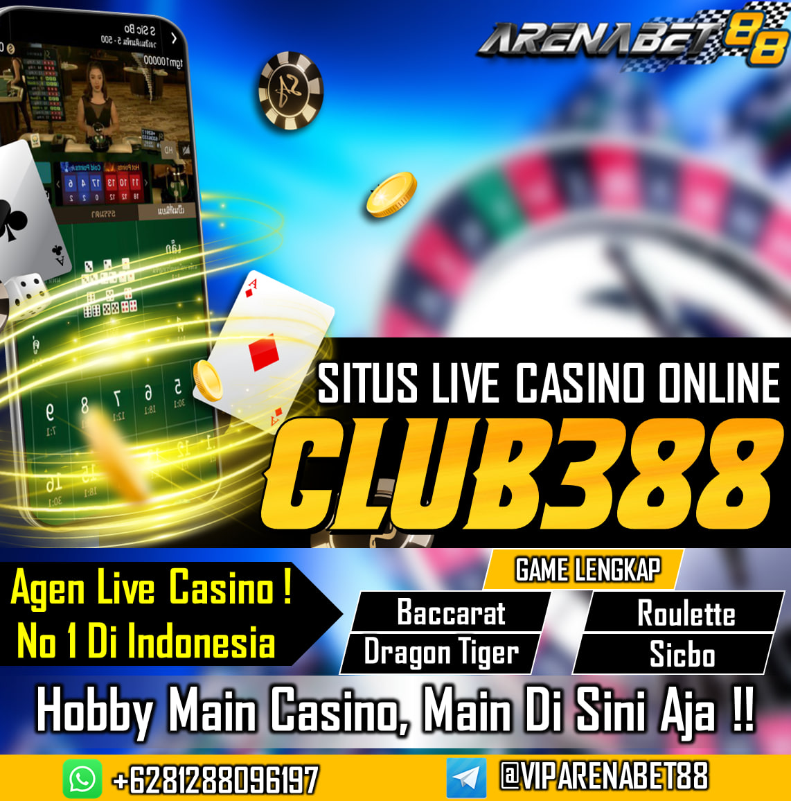 Arenabet88 sudah menjadi agen live casino online dengan predikat terbaik di Indonesia. Sebagai agen casino online terbaik, kami selalu menyediakan pendaftaran VIP kepada para pecinta live casino. Para member VIP di situs live casino online bisa dengan mudah memilih meja keberuntungannya, sehingga para bettor bisa dengan mudah meraih keuntungan ketika bermain casino online. Permainan terkenal di casino darat bisa kalian temui di sini, seperti poker, blackjack, sicbo, baccarat, dragon-tiger, roullete dan lainnya.
Ayo daftarkan diri anda sekarang juga bersama ARENABET88 rasakan bermain live casino online bersama Arenabet88 .
BERMAIN DENGAN SPORTIF & BERMAIN UNTUK MENANG !

Hubungi kontak resmi agen VIP arenabet88 dibawah:
Whatsapp : 0812-8809-6197
TELEGRAM : @viparenabet88
Kepuasan anda menjadi prioritas utama kami sepenuh nya.
#arenabet88 #viparenabet88 #agenlivecasinoonline #daftarlivecasinoonline #livecasinoonline #agenbaccaratonline #livecasinoindonesia #agensicbo #roulette #dragontiger #menangberapapundibayar