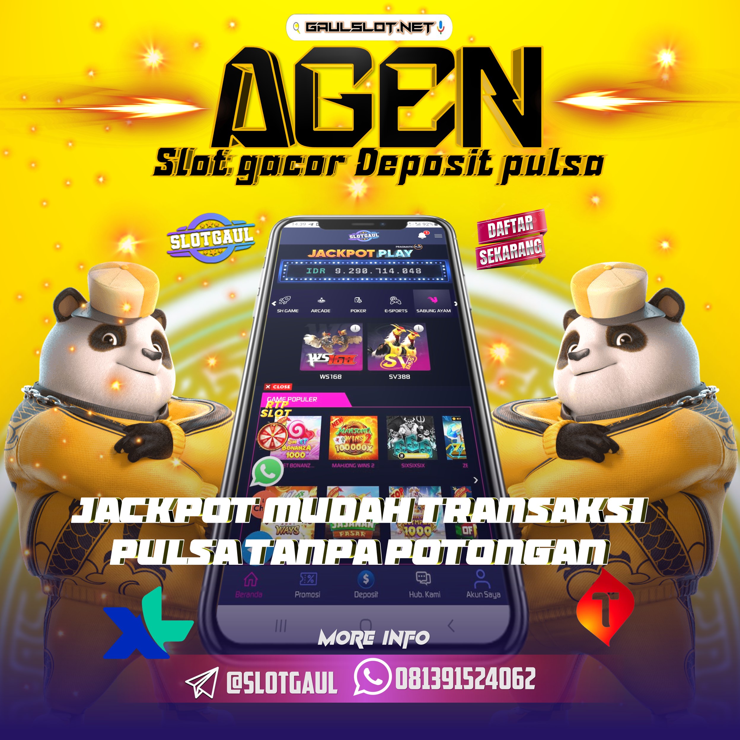 daftar di situs resmi tereprcaya bersama webslotgaul dengan menggunakan satu user id kamu bisa memainkan semua jenis permainan seperti slotonline, sabung ayam online, pokeronline, taruhan bola online, tembak ikan dan masih banyak jenis games online lain nya, cara daftar nya sangat lah gampang, cukup menggunakan rekening aktif dan juga nomer whatsap aktif agar kamu bisa mendapatkan info dan event yang ada, jika tdak ada rekening sekarang kamu juga bisa mendaftar akun id dengan via e-wallet, yuk daftar id anda sekarang juga dan menangkan jackpot terbesar nya, menang berapa pun pasti di bayar, kalah menang duit kembali.