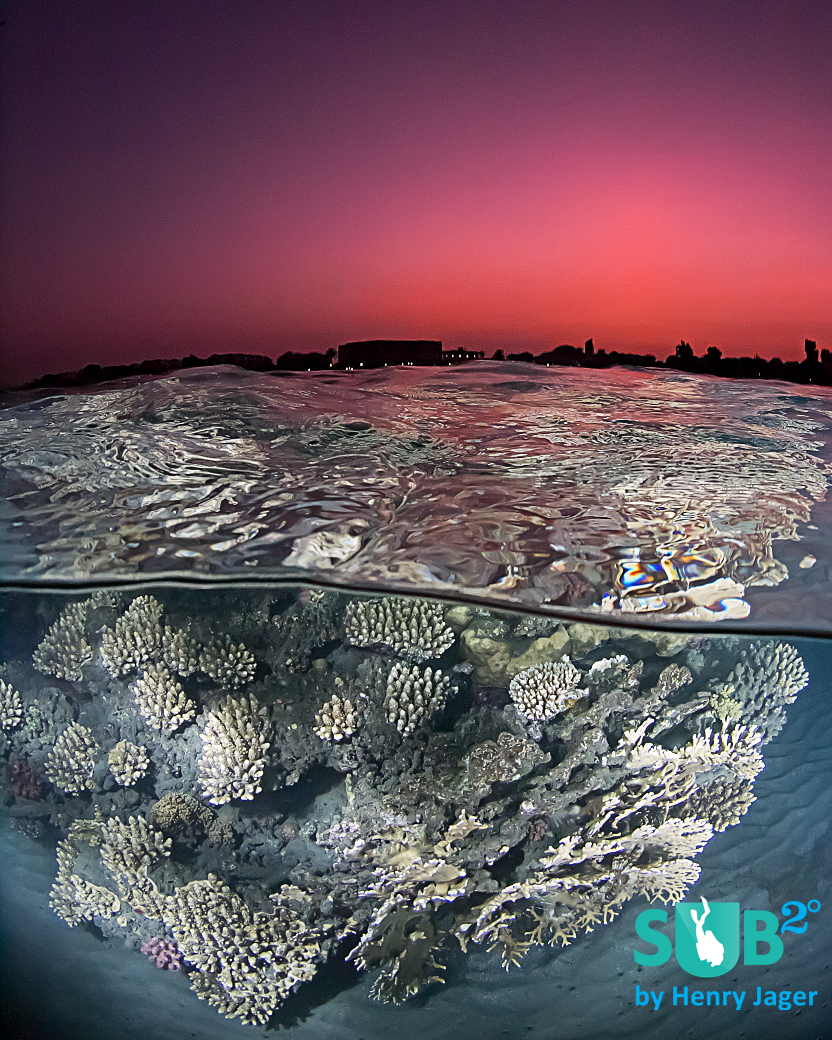 Correctly just after the sunset, at dusk. The sky is getting red, a fantastic scenery occours over the Red Sea reef.