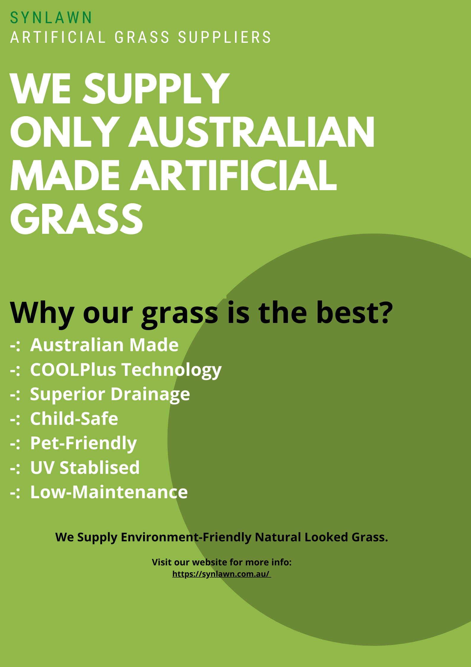 Looking for high-quality artificial grass in Melbourne? Contact Synlawn. We are the no.1 suppliers and manufacturers in Melbourne. 

https://synlawn.com.au/artificial-grass-melbourne/