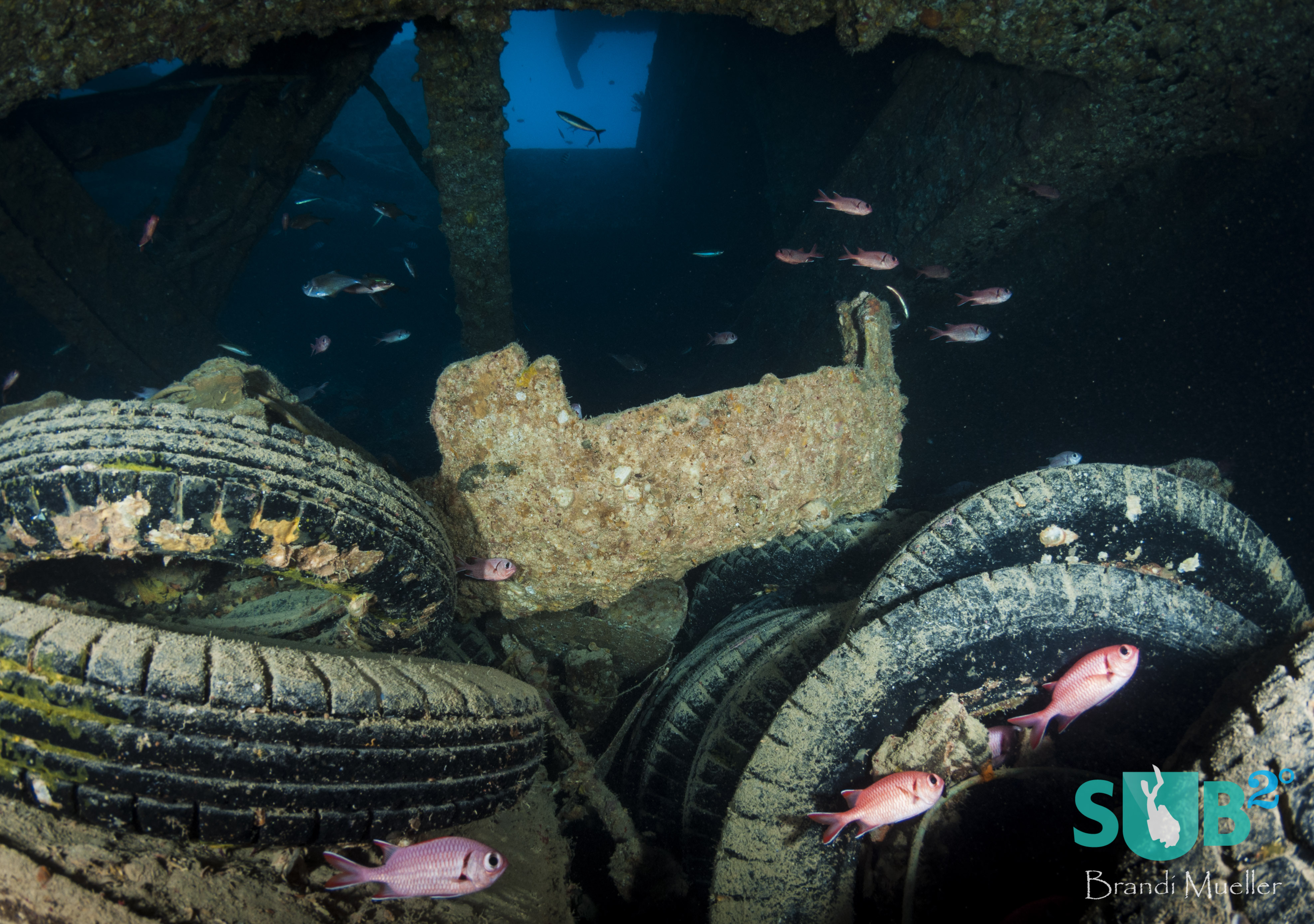 Stacked tires can be found in several holds with squirrelfish swimming around them. 